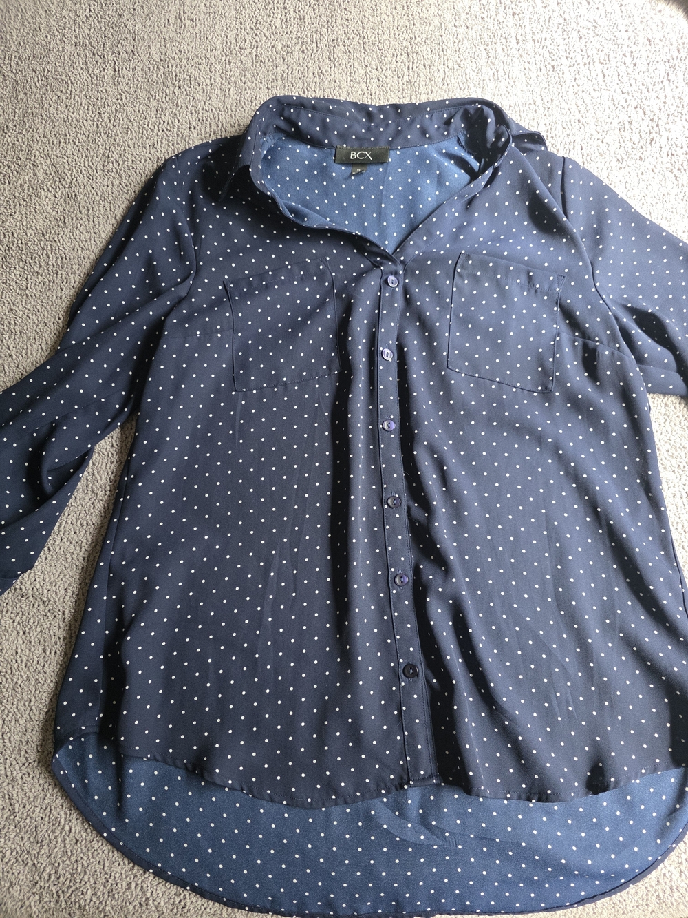 BCX Navy Blue Polka Dot Button Down Blouse Size XL